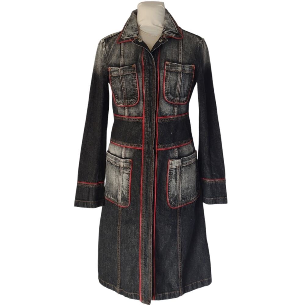 DKNY Black Jean Jacket Dress Sz 4 Red Piping Snap Front Coat Military Streetwear